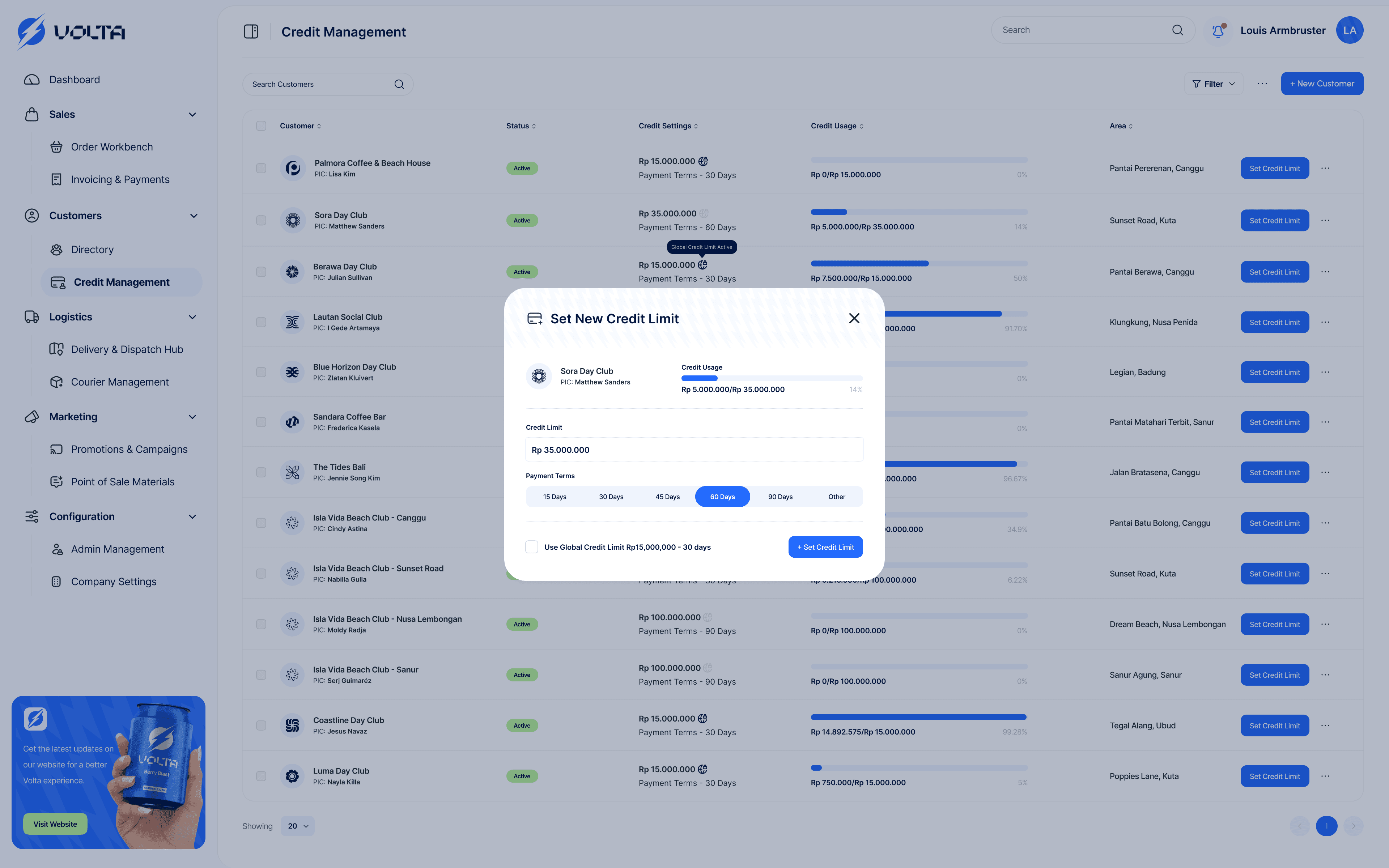 Volta - Credit Management Page