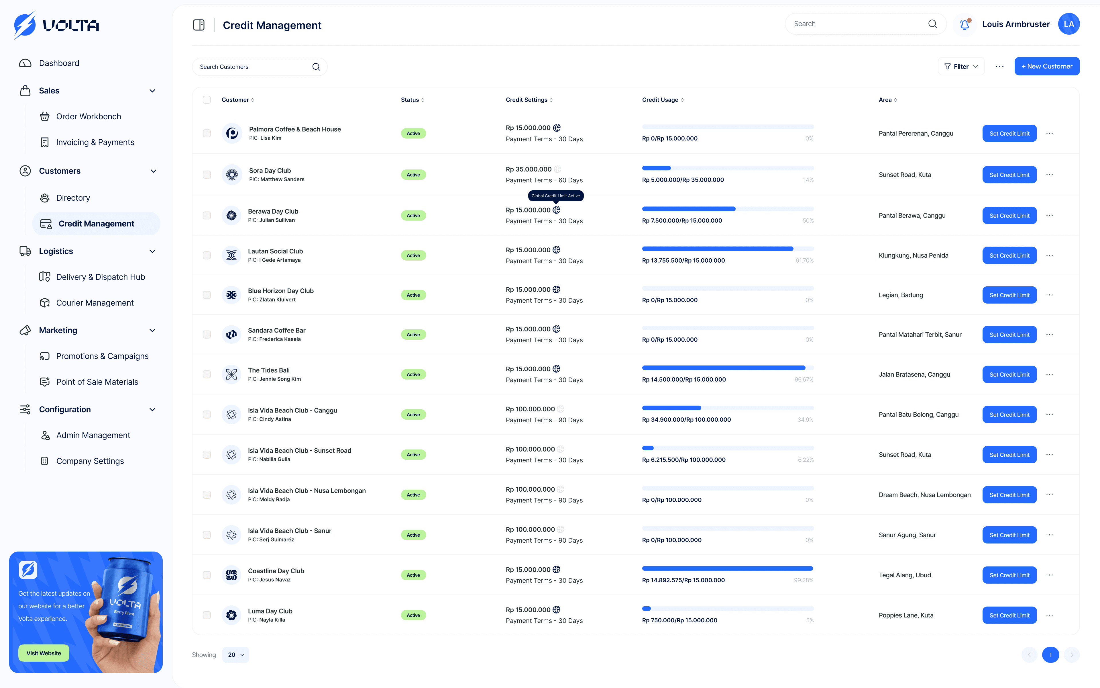 Volta - Credit Management Page